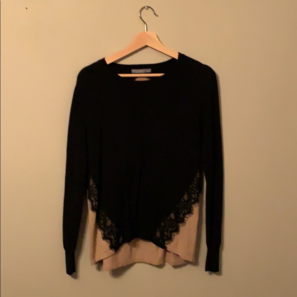 Color block tan and black lace sweater